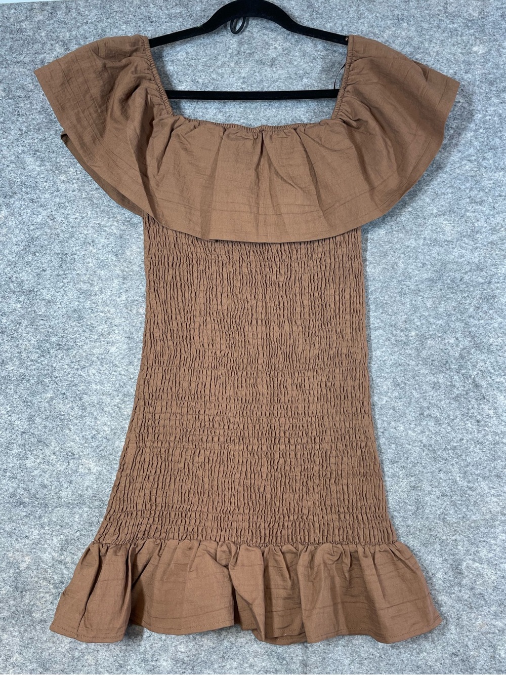 Anthropologie Smocked Mini Dress Brown Small Cottagecore Boho Prairie Ruffle